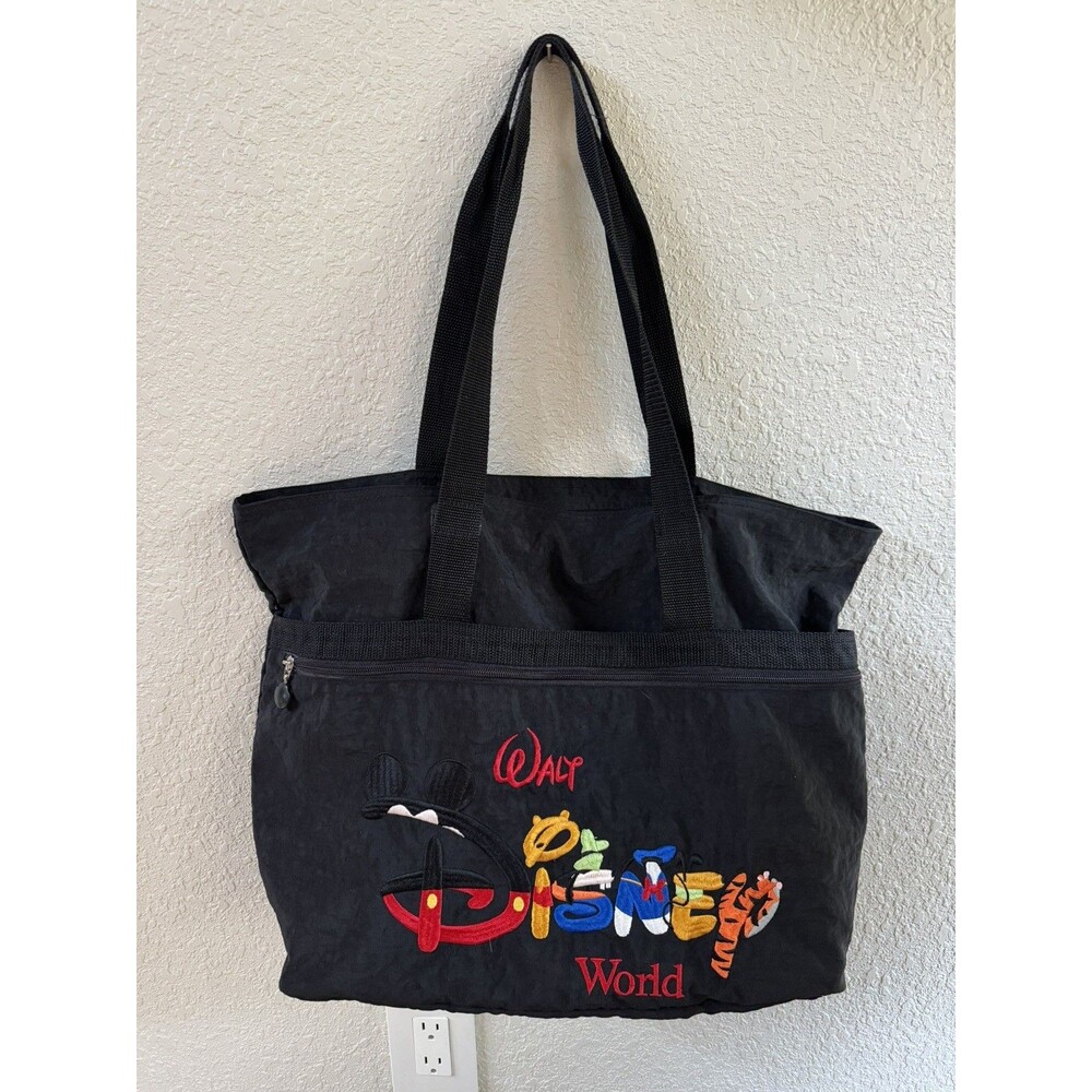 Walt Disney World Black Nylon Tote Bag Large w/ Embroidered Lettering 20" X 13"